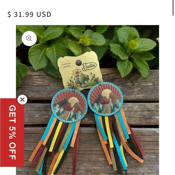 Justin Genuine Leather Sunset Fringe Earrings - Turquoise, Coral, Brown - Picture 3 of 3